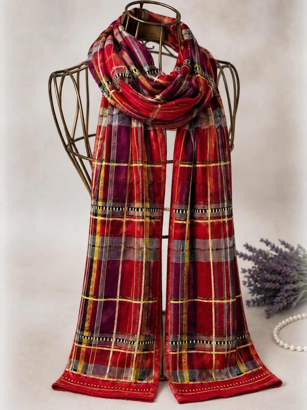 Oscar de la Renta Vintage Red & Gold Plaid Silk Scarf